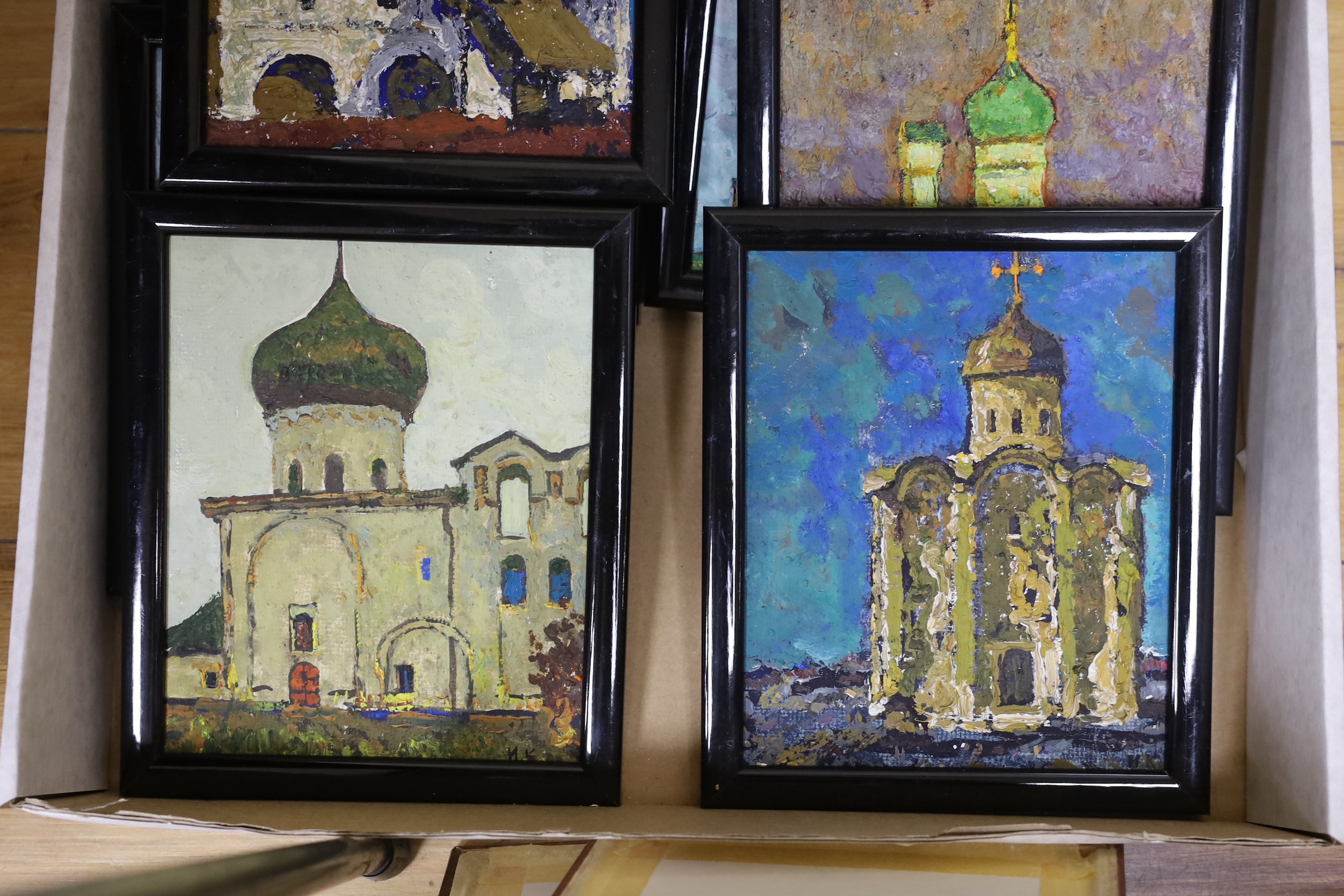 Russian School, set of twelve oils on board, Views of historic buildings, 18 x 15cm